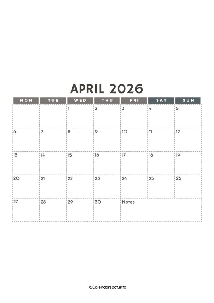 April Calendar A4 2026