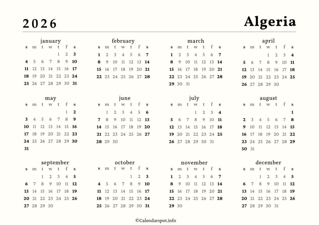 Algeria Calendar with Holidays 2026