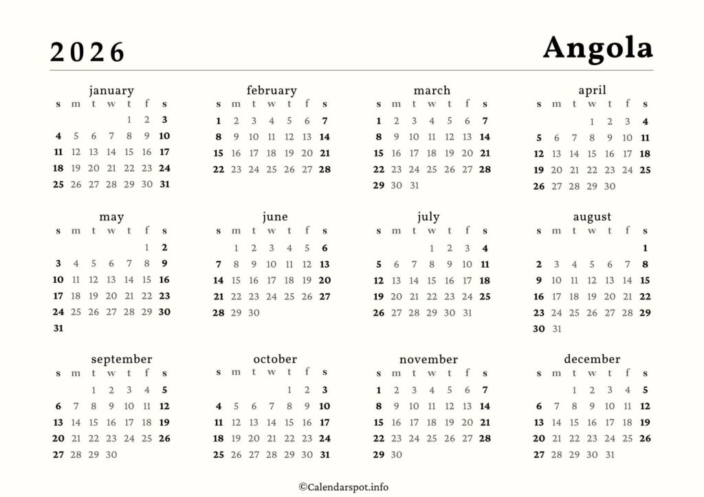 Angola Calendar with Holidays 2026
