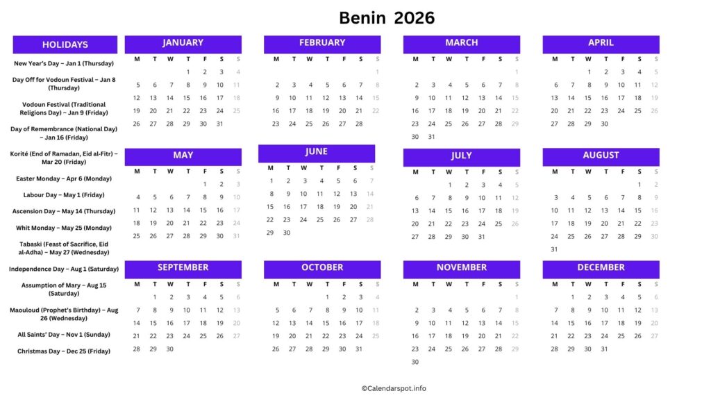Benin Holiday Calendar 2026