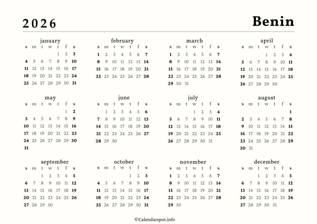 Benin Calendar with Holidays 2026