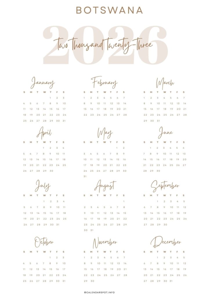 Botswana Calendar with Holidays 2026