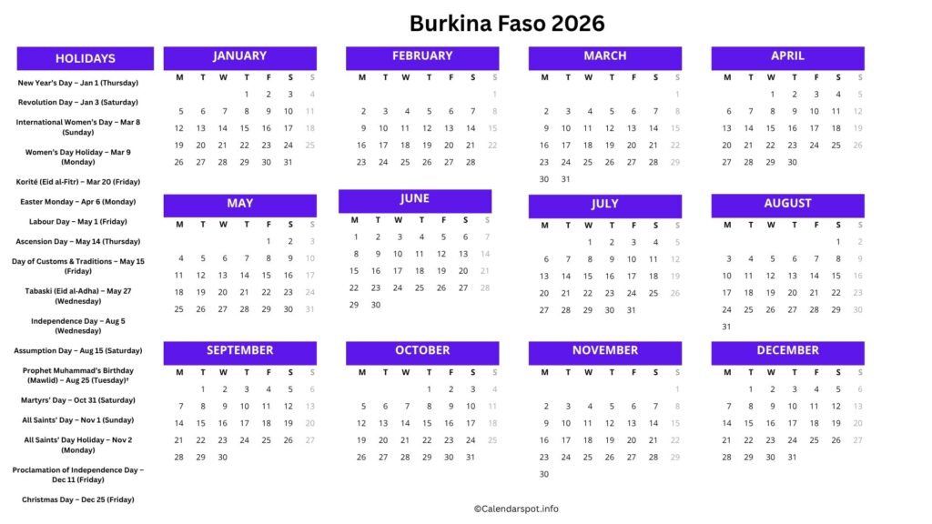 Burkina Faso Holiday Calendar 2026