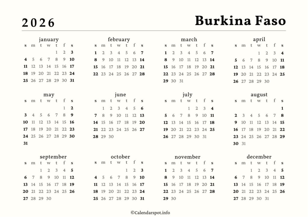 Burkina Faso Calendar with Holidays 2026 