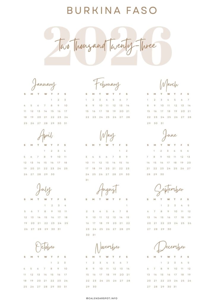Burkina Faso Calendar with Holidays 2026