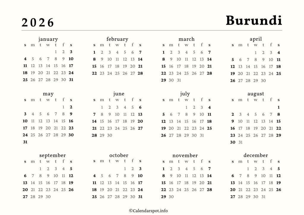 Burundi Calendar with Holidays 2026