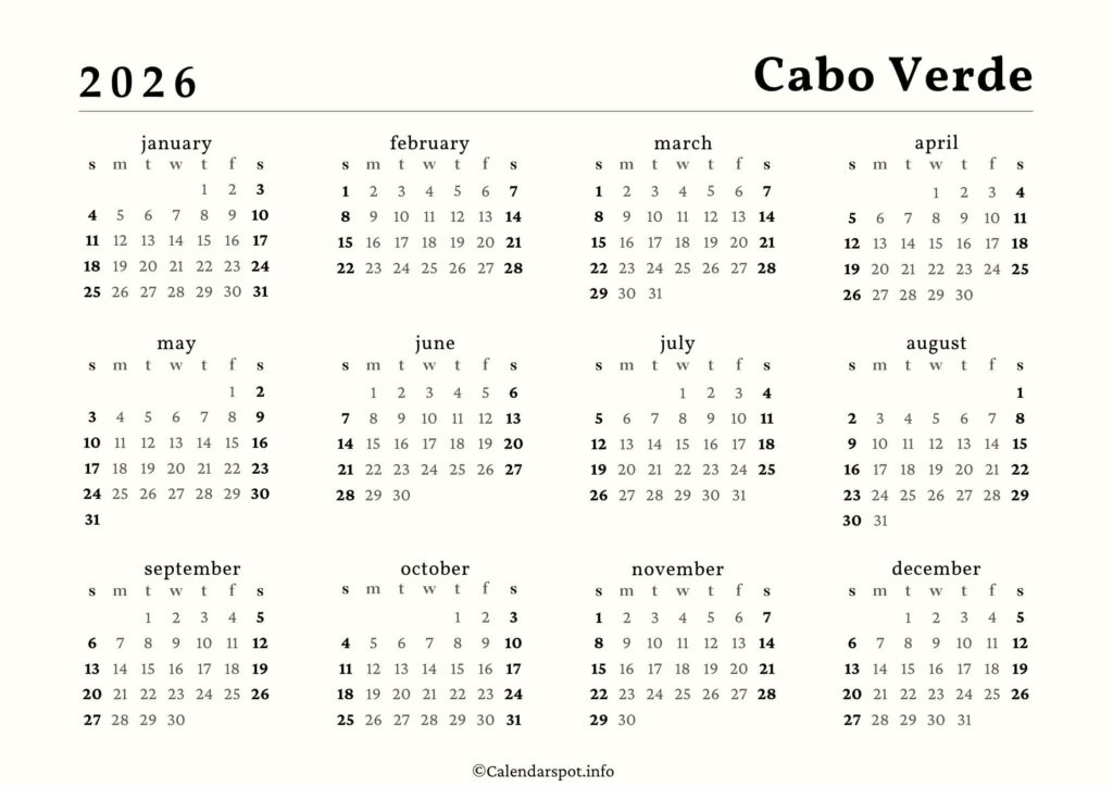 Cabo Verde Calendar with Holidays 2026 