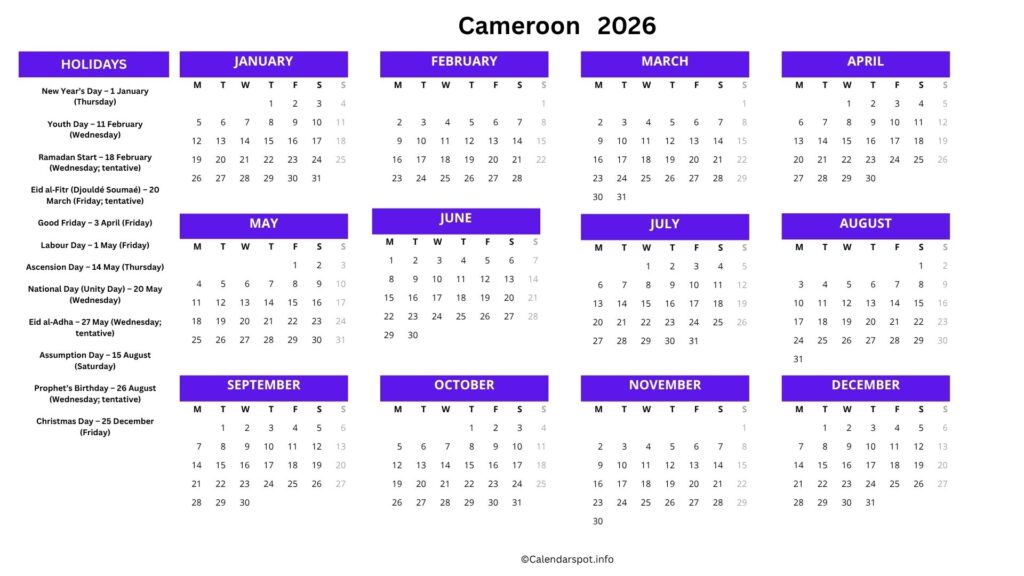 Cameroon Calendar with Holidays 2026