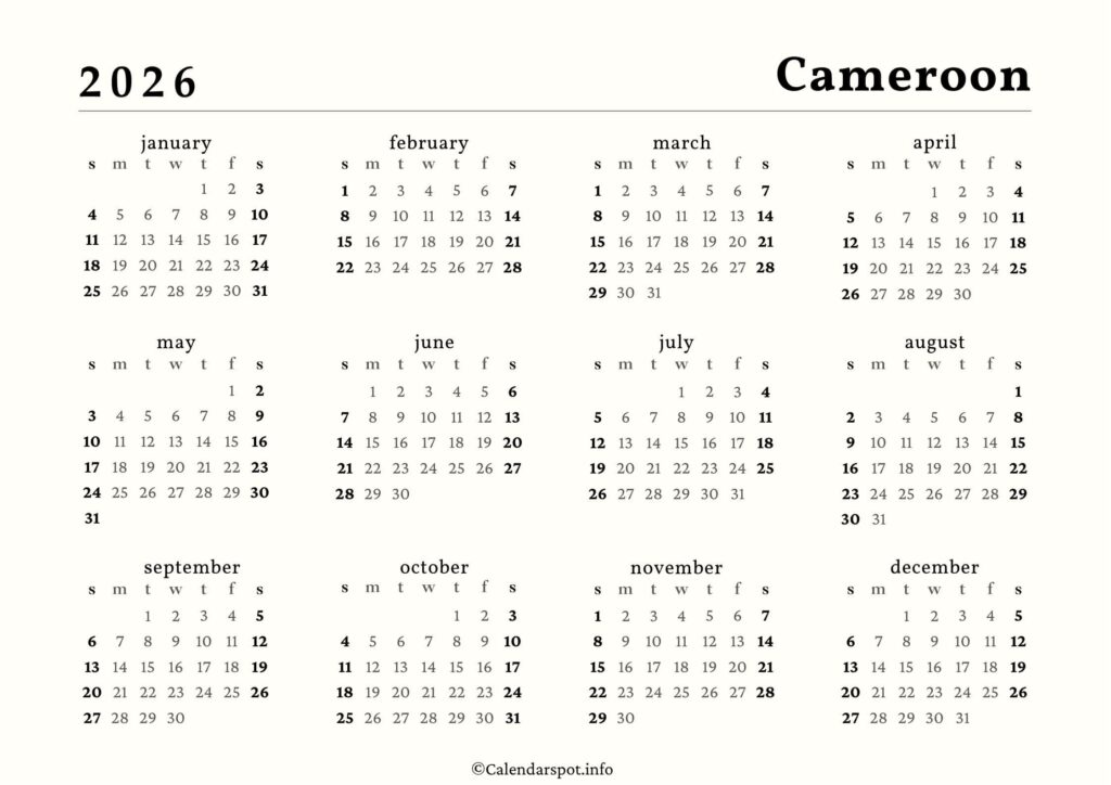 Cameroon Calendar with Holidays 2026