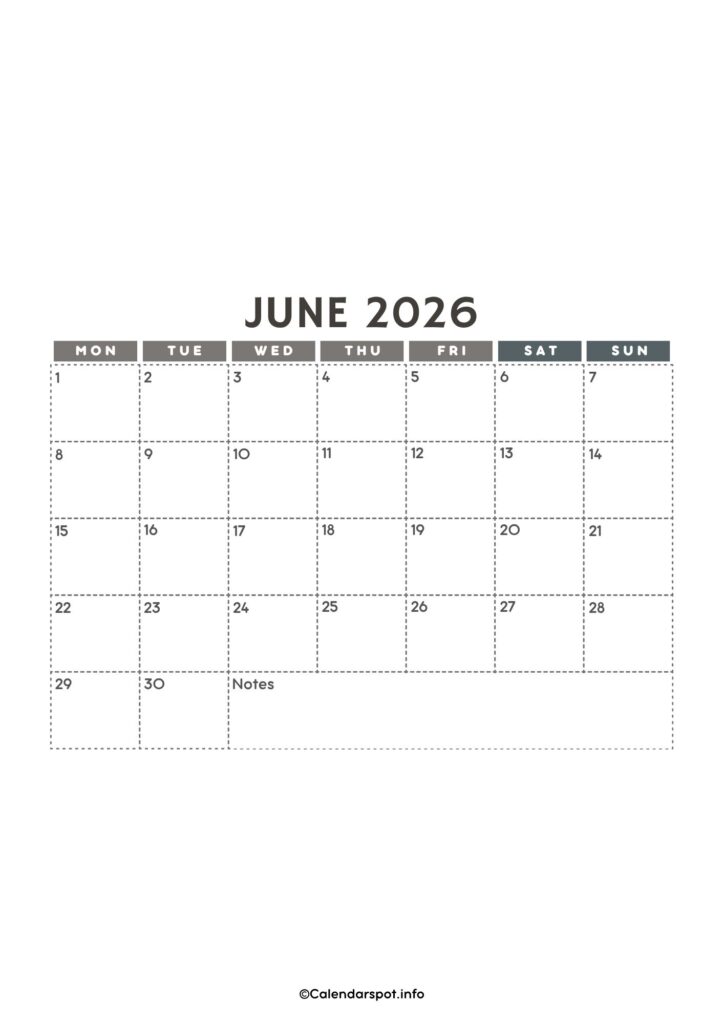 June Calendar A4 2026