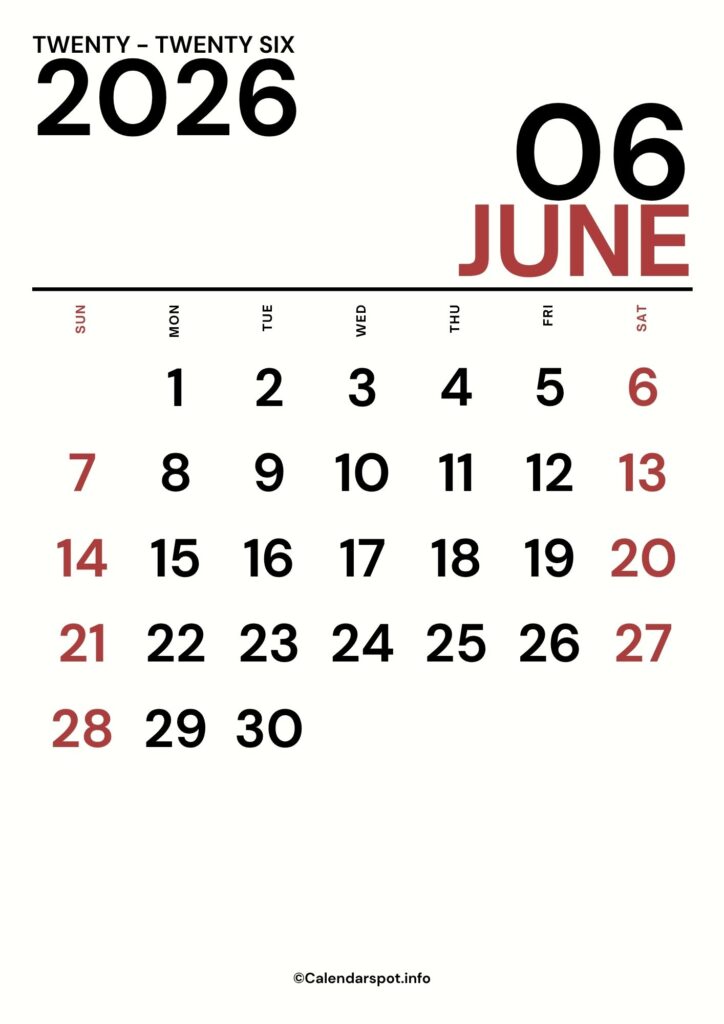 June Calendar A4 2026