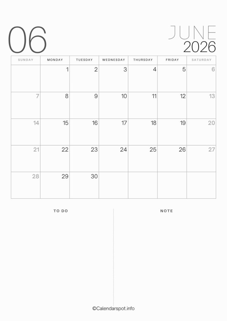 June Calendar A4 2026