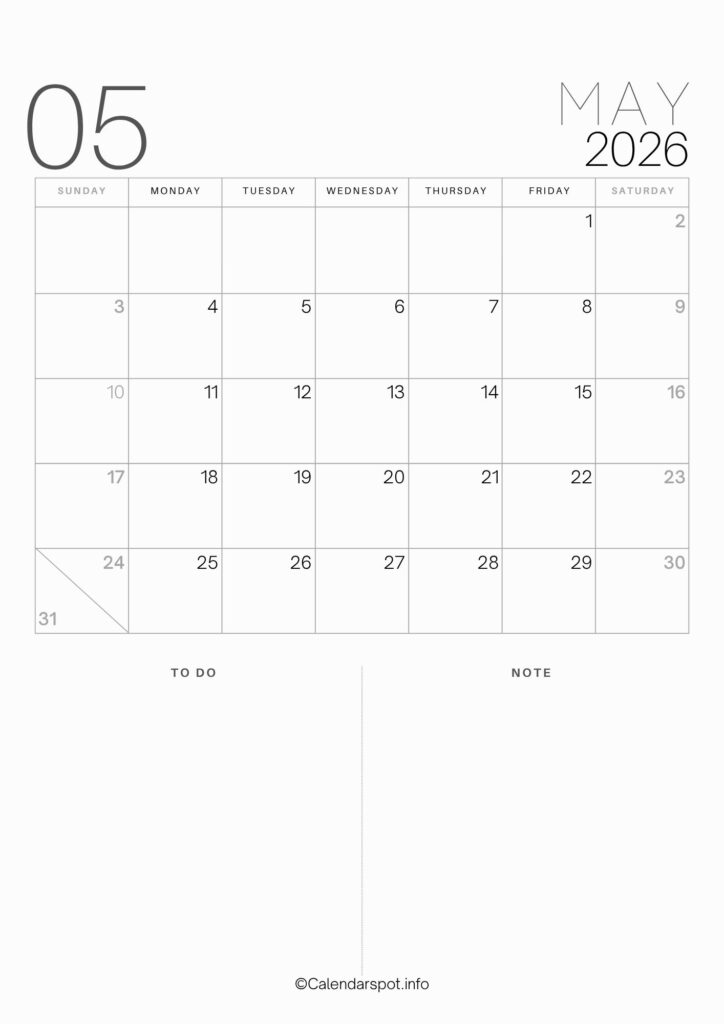 May Calendar A4 2026