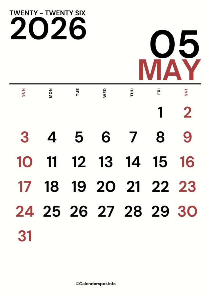 May Calendar A4 2026