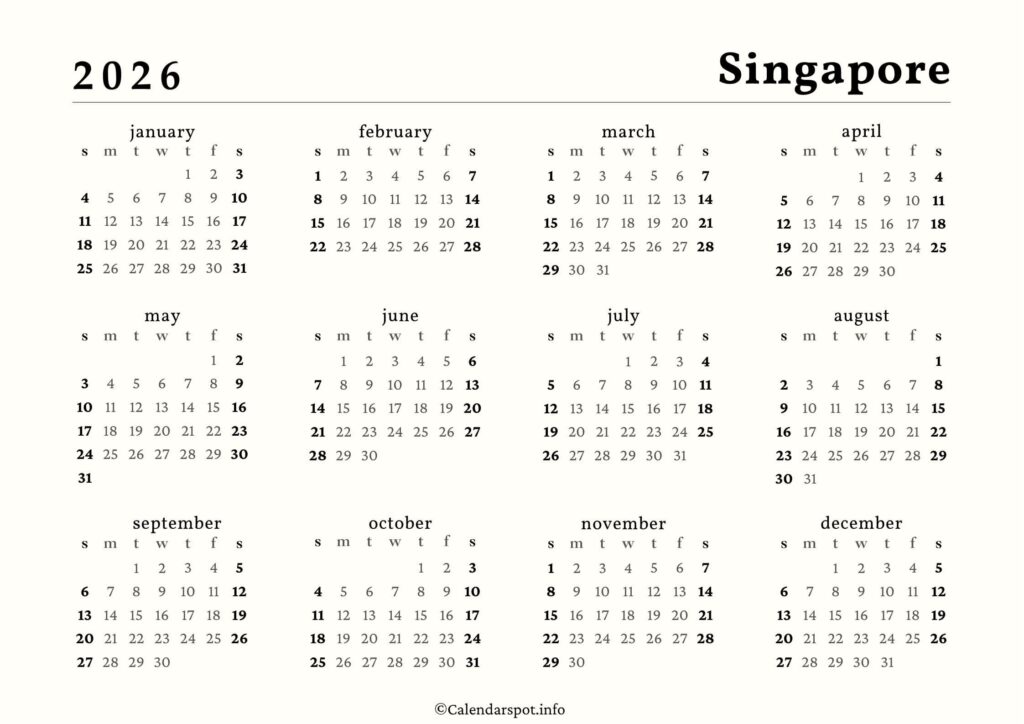 Singapore Calendar with Holidays 2026