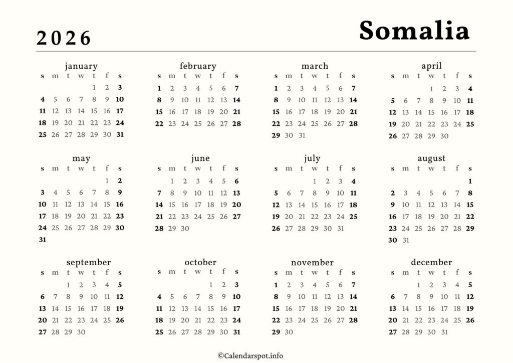 Somalia Calendar with Holidays 2026