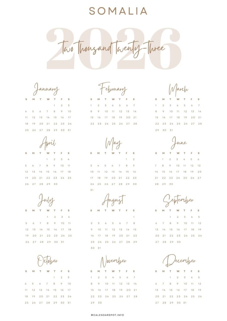 Somalia Calendar with Holidays 2026