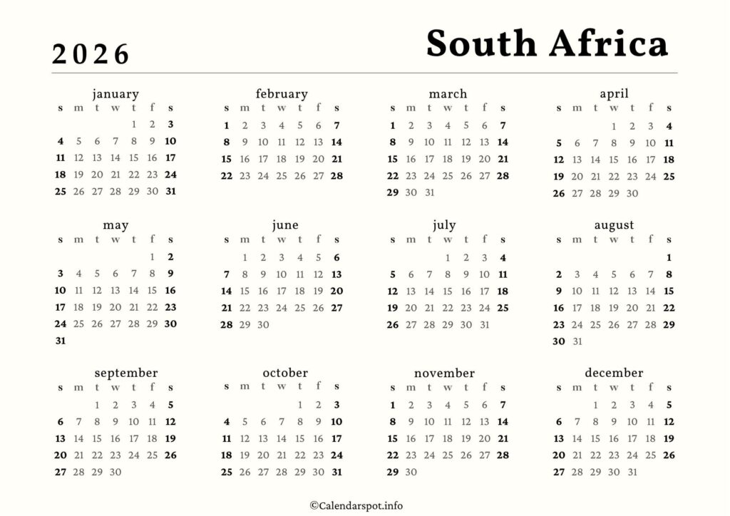 South Africa Calendar with Holidays 2026