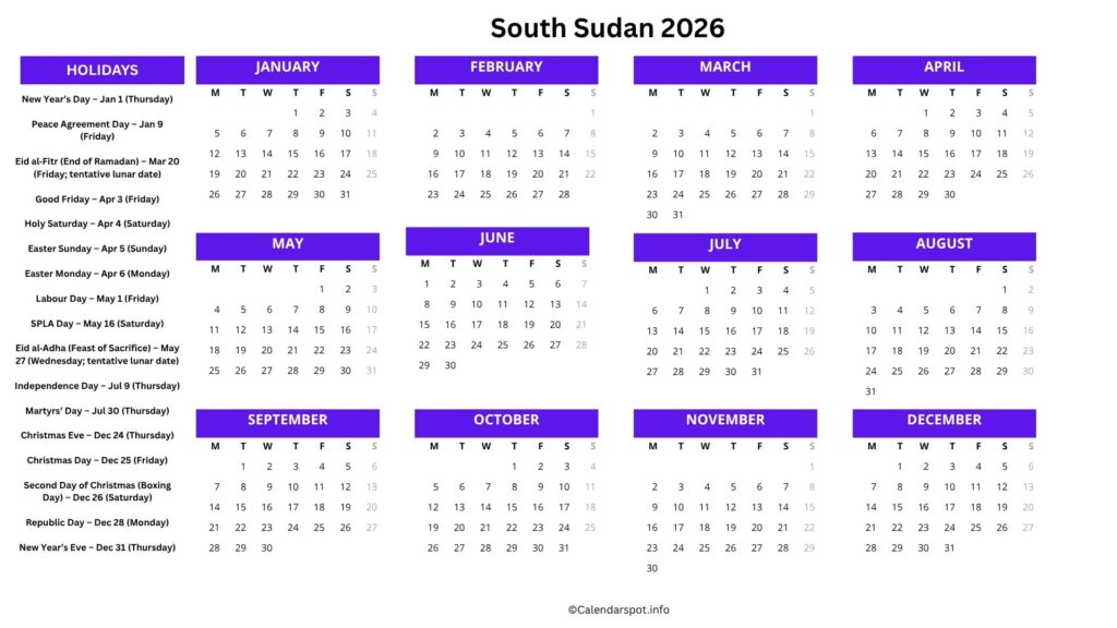 South Sudan Calendar with Holidays 2026