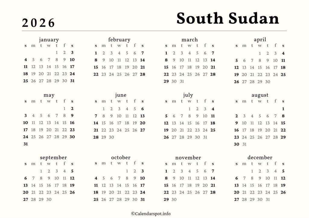 South Sudan Calendar with Holidays 2026