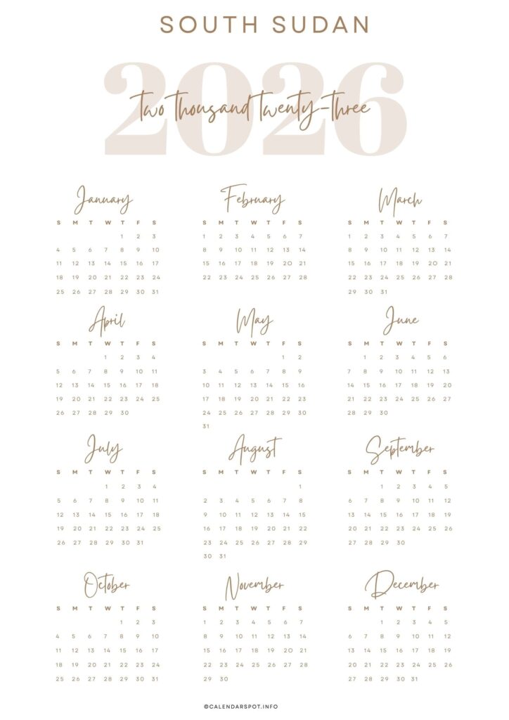 South Sudan Calendar with Holidays 2026