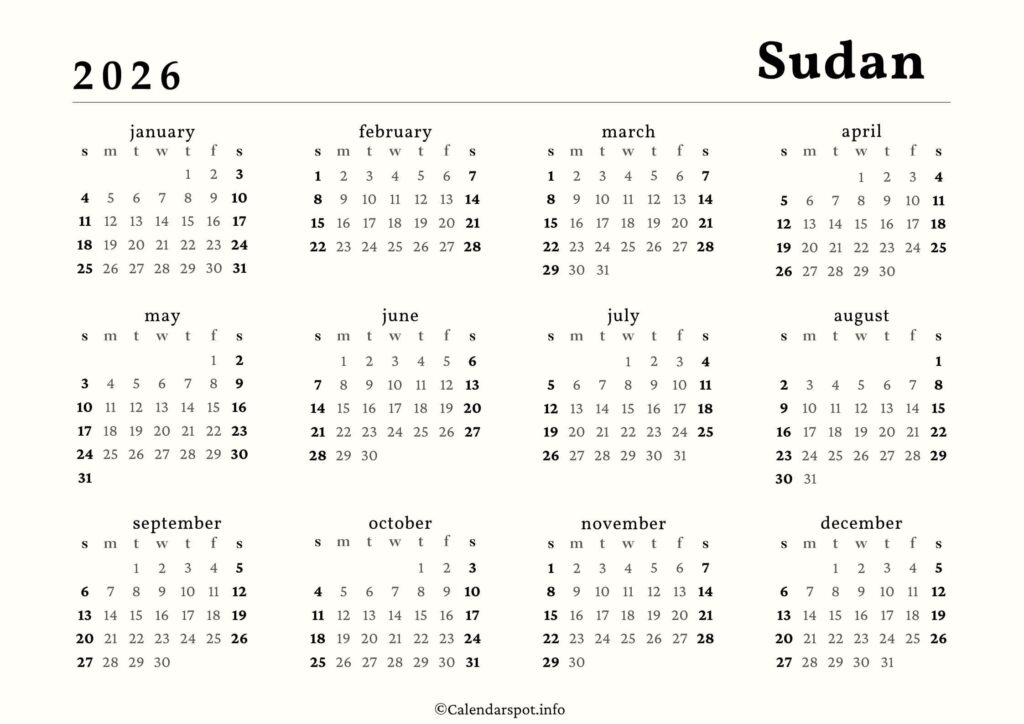 Sudan Calendar with Holidays 2026
