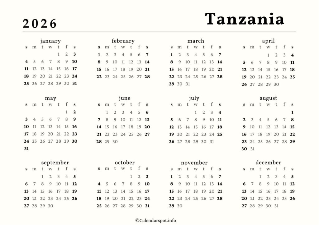 Tanzania Calendar with Holidays 2026
