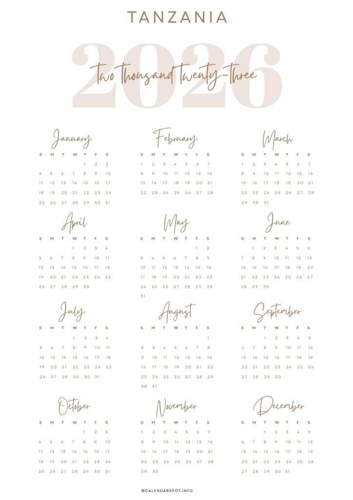Tanzania Calendar with Holidays 2026