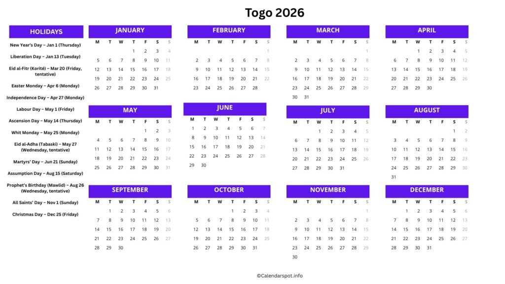 Togo Calendar with Holidays 2026
