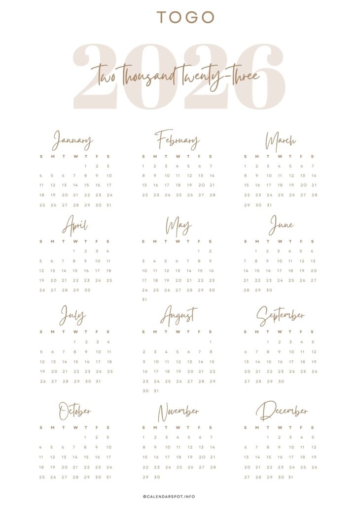 Togo Calendar with Holidays 2026