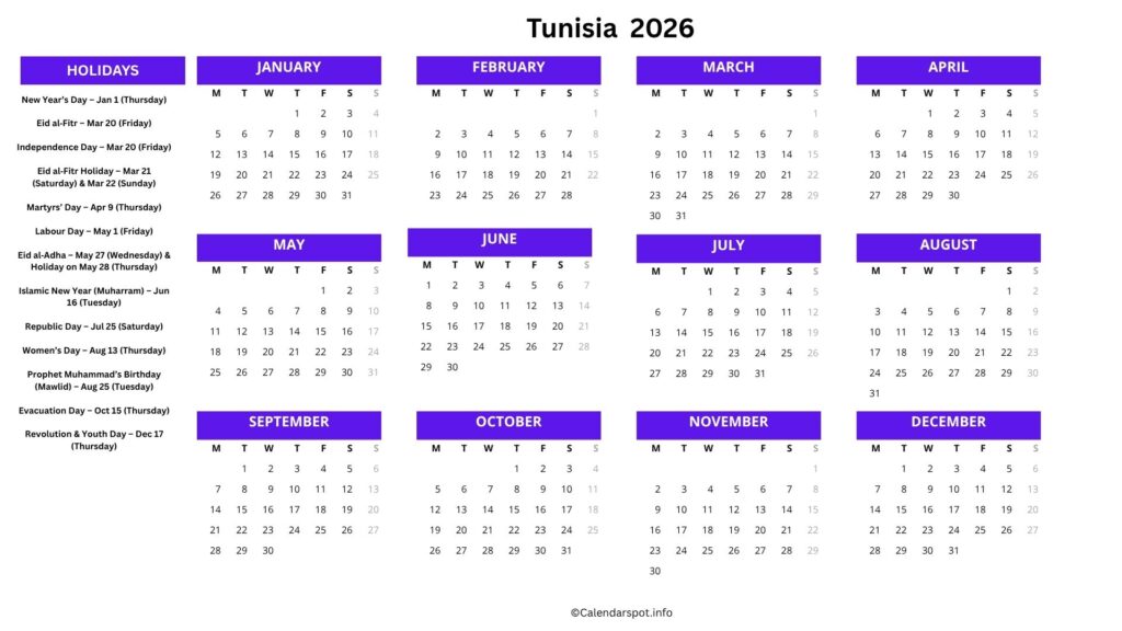 Tunisia Calendar with Holidays 2026