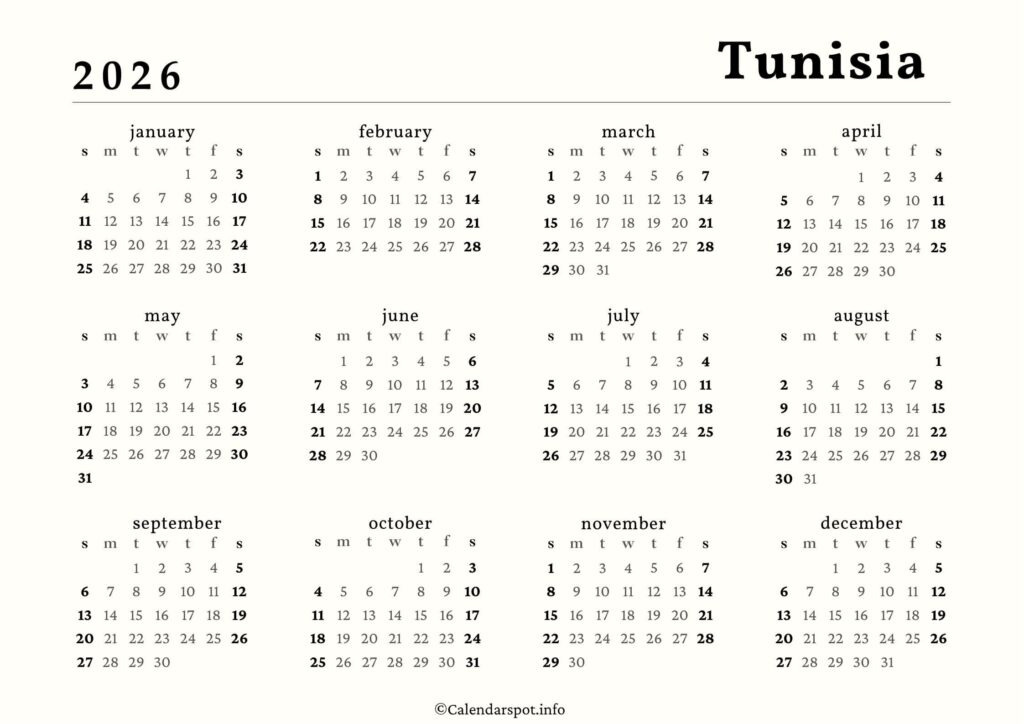 Tunisia Calendar with Holidays 2026