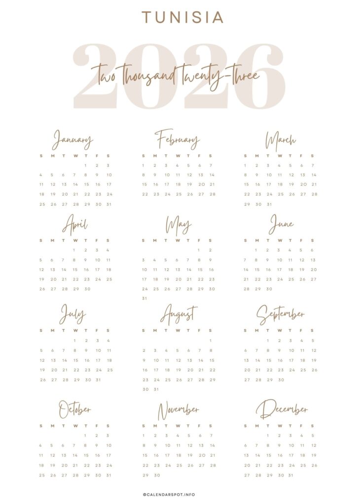 Tunisia Calendar with Holidays 2026