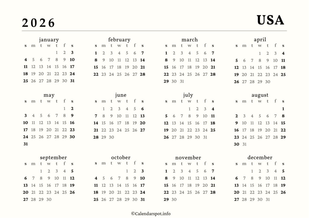 USA Calendar with Holidays 2026