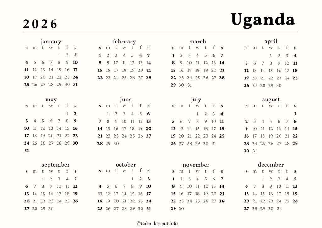 Uganda Calendar with Holidays 2026